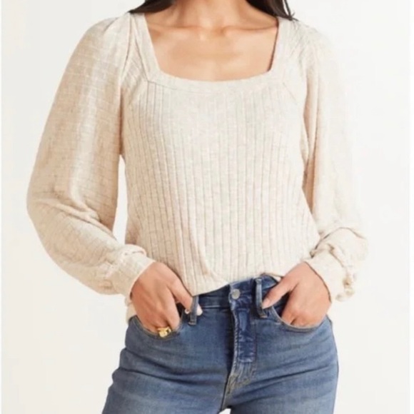 Evereve Michael Stars Heathered Oatmeal Square Neck Balloon Sleeve - Picture 1 of 2